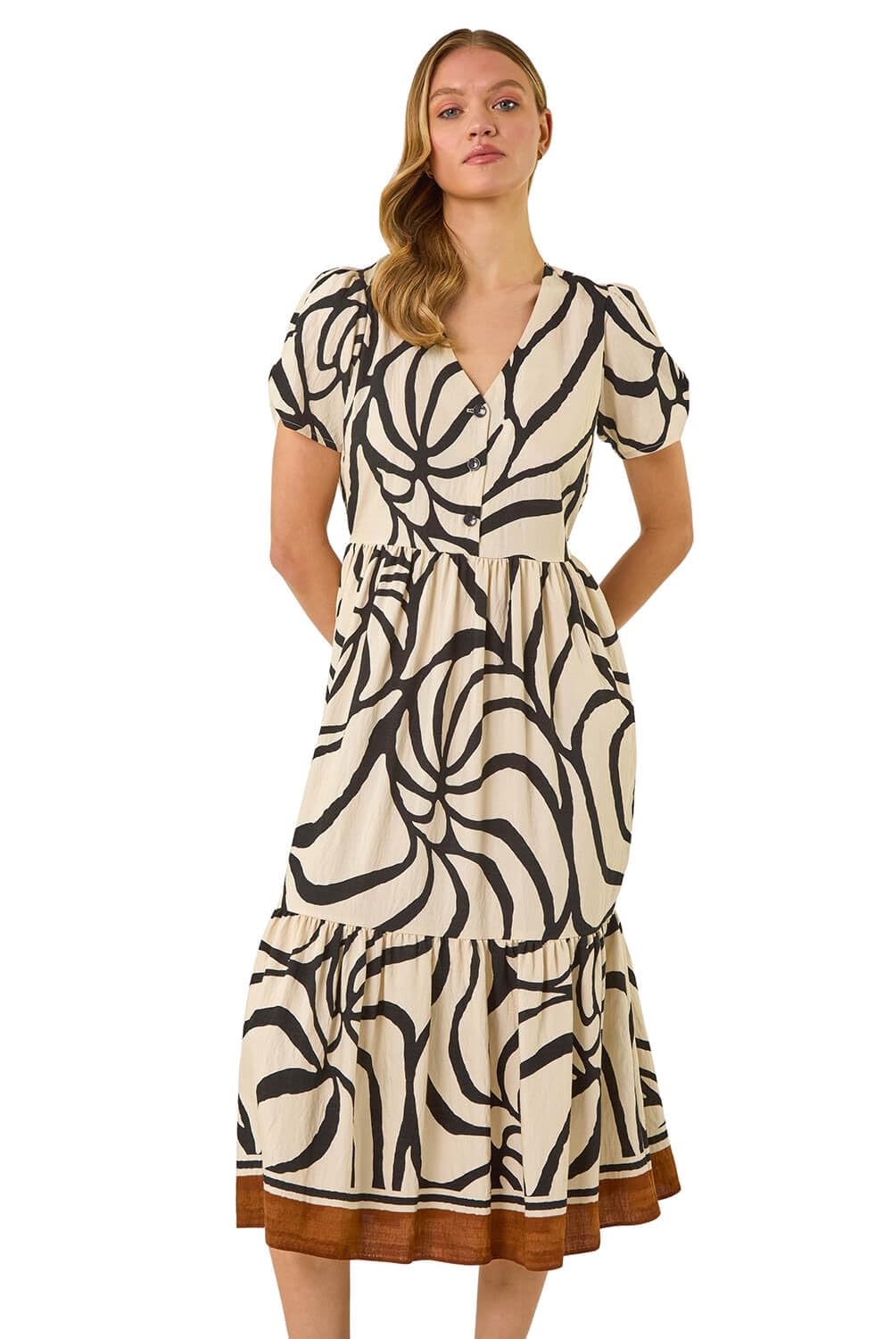 Roman Originals Women's Ivory Linear Border Shirt Dress For Uk - Everyday Holiday Spring Summer V-Neckline Comfy Soft Evening Vacation Work Party - Size 12