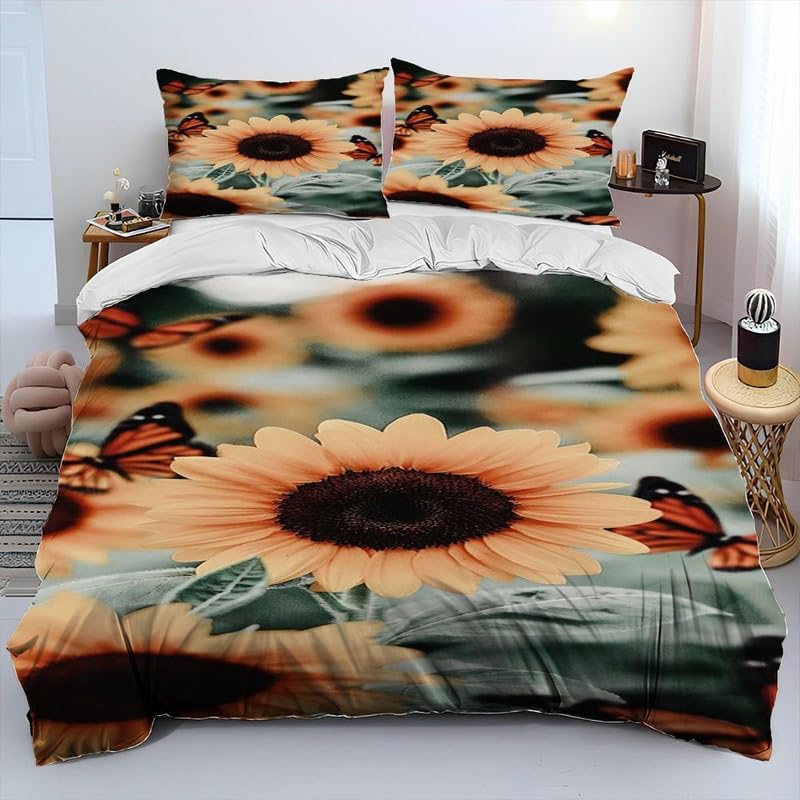 Parure de lit 220x240 adulte avec housse de couette tournesol gris microfibre 110g/㎡