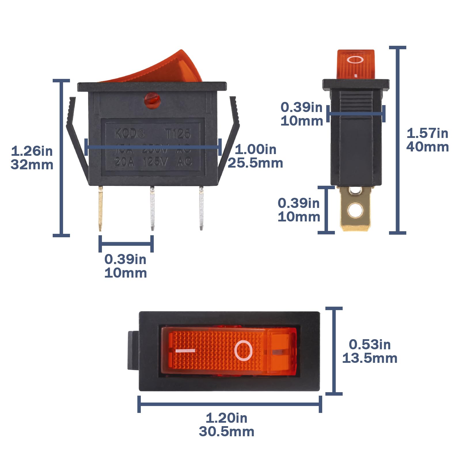 VEXUNGA 10pcs Lighted KCD3 Rocker Switch On Off 3 Pin 2 Position Red Light Boat Rocker Switches 20A 15A 125V 250V AC SPST Square llluminated Power Switch