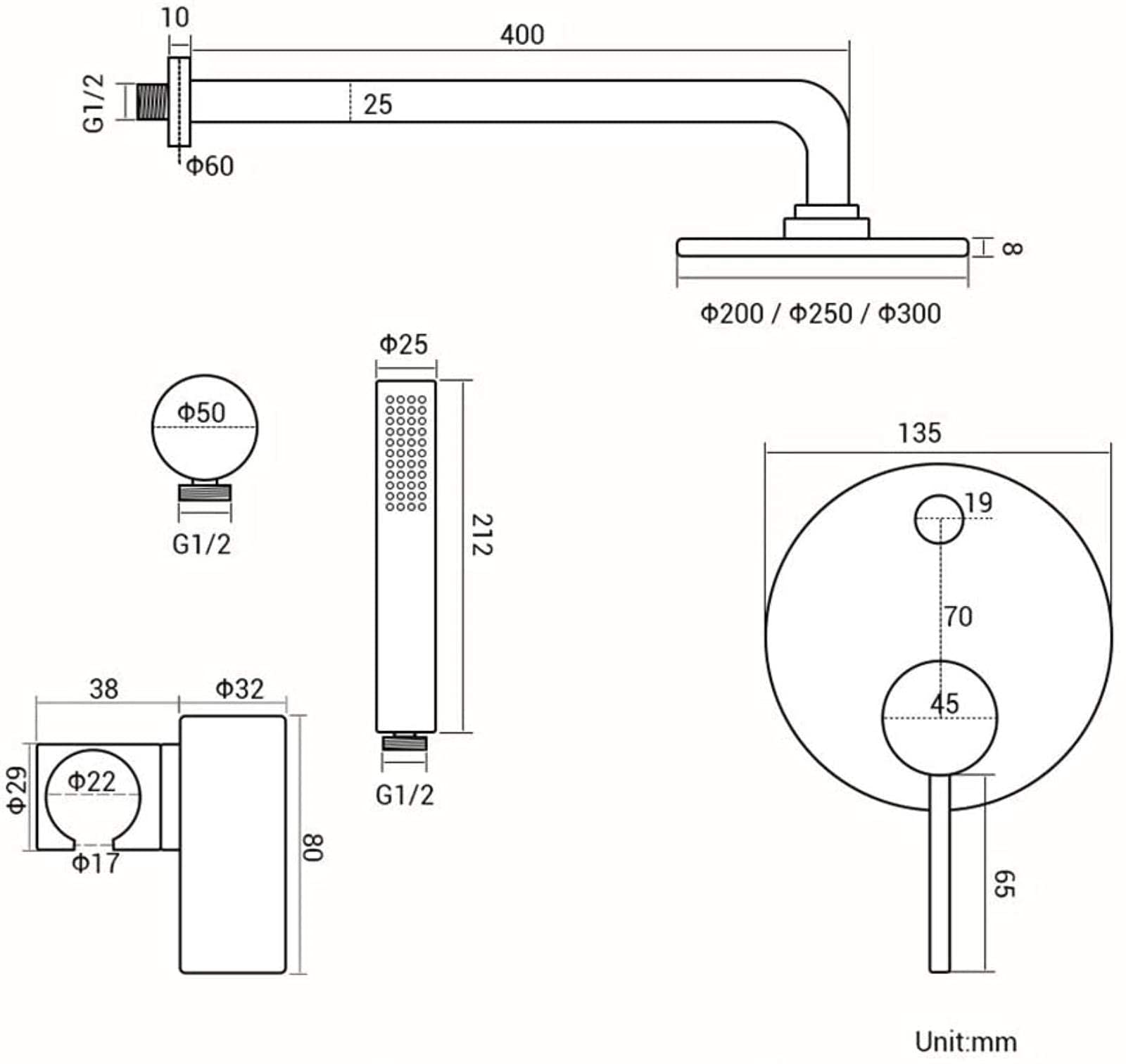 Rubinetti per doccia a parete Bagno Bagno Bagno Oro Spazzolato Doccia Rubinetto Set di Miscelatore Deviatore in Ottone Set 8-12in Soffione Doccia Valvola Braccio a Parete Set Doccia con
