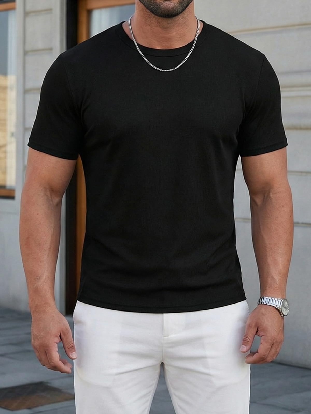 Runcati Maglietta estiva da uomo, a maniche corte, girocollo, leggera, funzionale, tinta unita, slim fit, palestra, sport