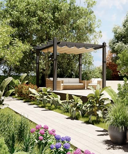 10x10 Ft Aluminum Pergola, Outdoor Metal Gazebo with Adjustable Canopy, Reinforced Frame Outdoor Shelter for Backyard, Patio Lawn and Deck - Khaki