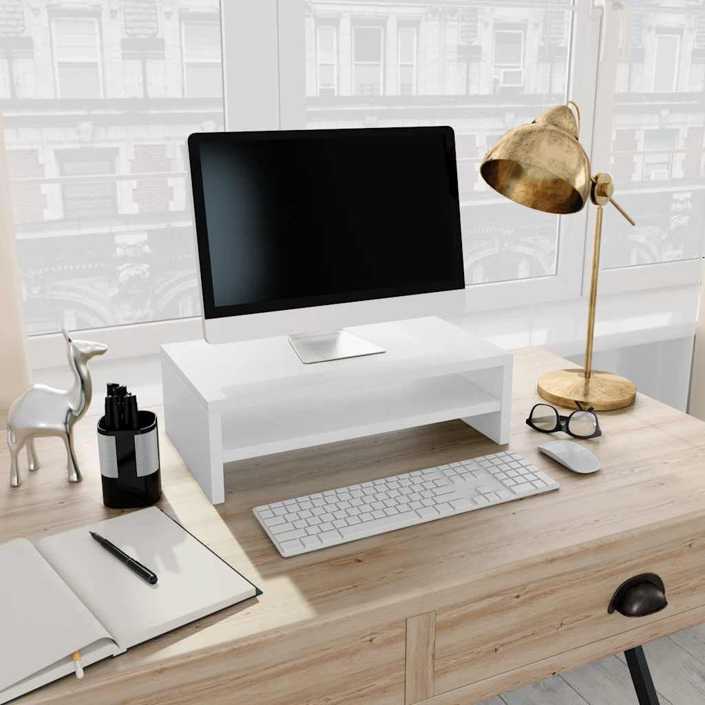 Supporto per monitor in legno bianco, 42 x 24 x 13 cm, con vano portaoggetti, mobile TV e mobile basso, alternativa per soggiorno, stabile supporto TV e credenza con spazio
