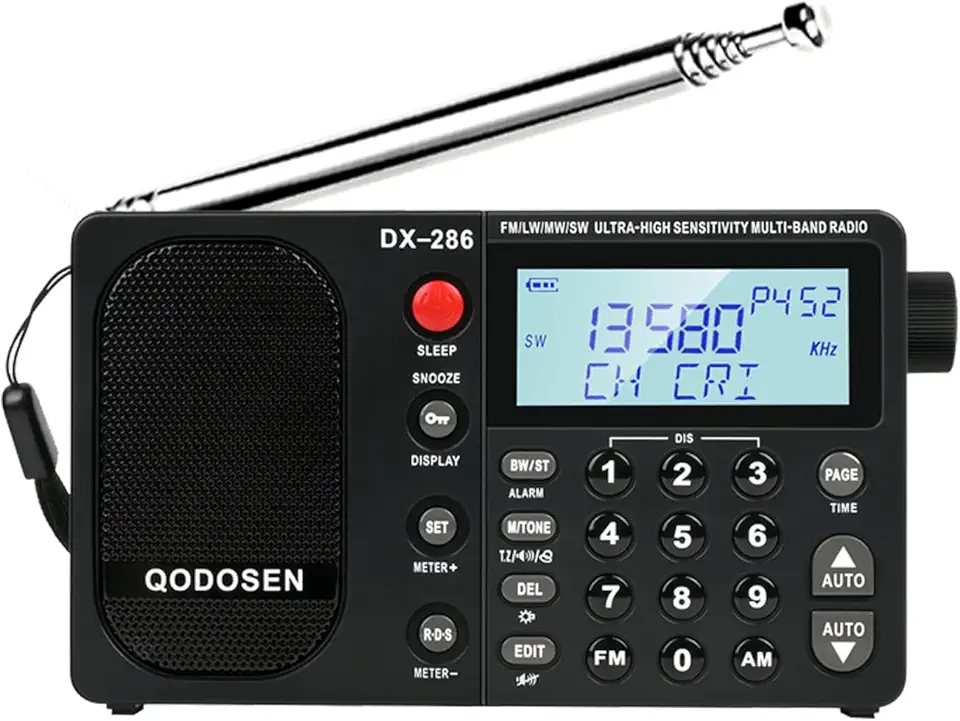 DX-286 Rádio de onda curta portátil FM estéreo/Am/LW/SW, rádio de banda completa de ultra alta sensibilidade com chip TEF6686, ecrã LCD, despertador RDS e bateria recarregável 18650 (preto)