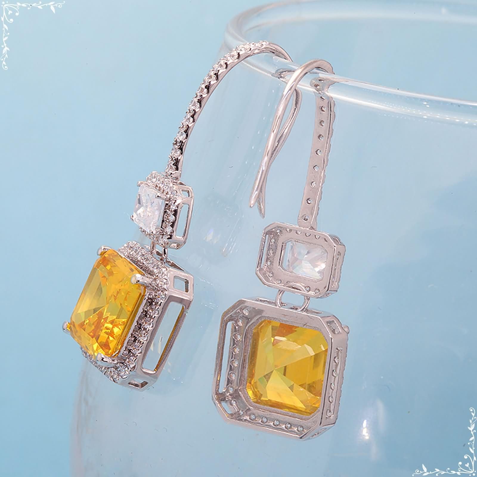 Damen Ohrringe Hochzeit Weißgold 9K / 14K / 18K, Quadrat mit Korund und Moissanit, Ohrringe Silber Gelb Damen für Hochzeit