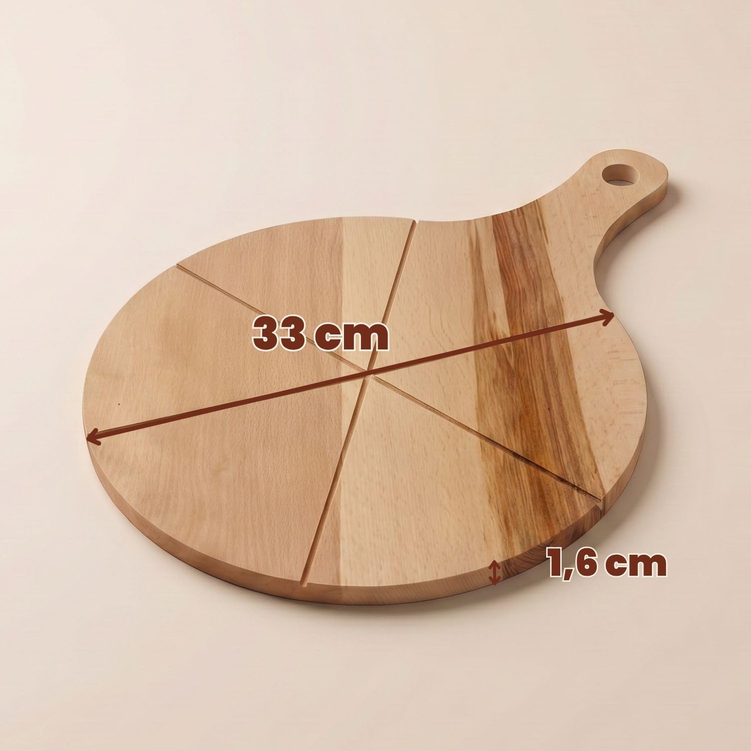 2 drewniane talerze do pizzy z litego drewna bukowego z uchwytami 33 cm | 33 cm, Lite drewno, Wygodne serwowanie, Zestaw 2 sztuk, Idealne do kuchni i ogrodu, Praktyczne uchwyty