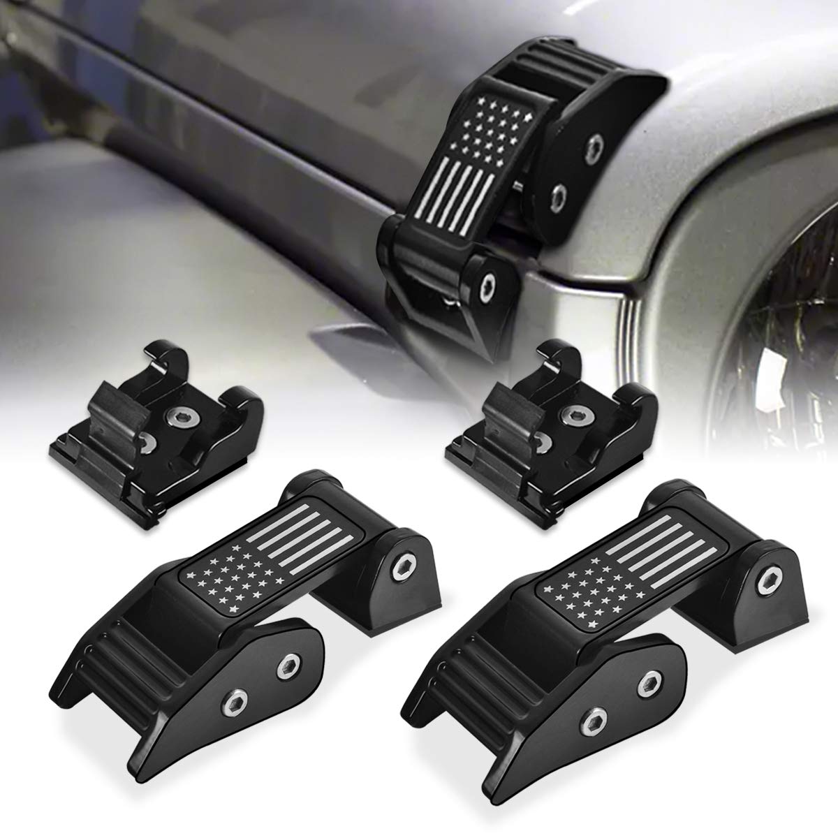 Treeland Hood Latches Catch Kit, US Flag Style for 2007-2018 Wrangler JK JKU Unlimited & 2018-2021 Wrangler JL JLU, Wrangler Accessories Parts(Black, 1 Pair)