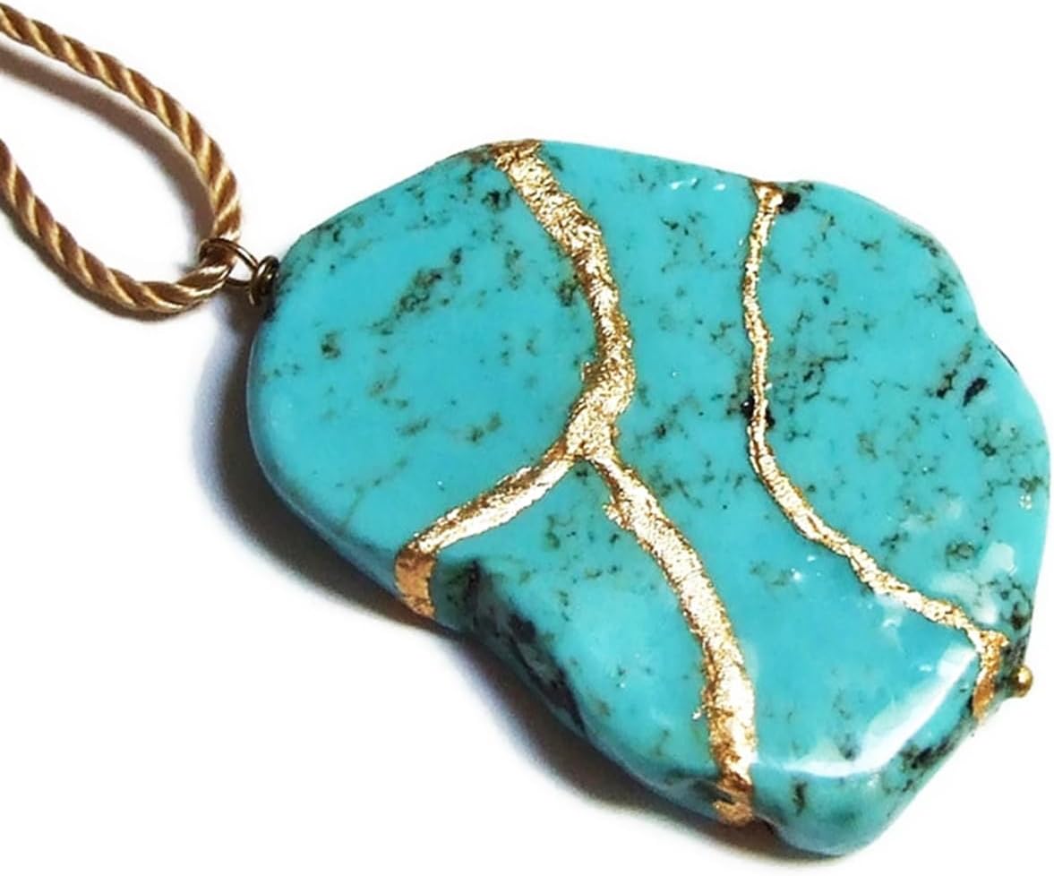 Kintsugi Large 45x35mm Turquoise Howlite Broken Freeform Slice Mended with 23k Gold, Handmade Cord Necklace