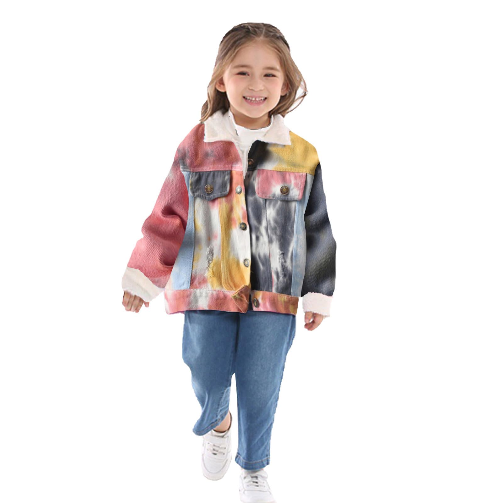 Chaqueta cortavientos de denim polar para niños, estampado tie-dye, forro de felpa, bolsillos y cremallera, moderna y divertida, ideal para el frío, unisex infantil.
