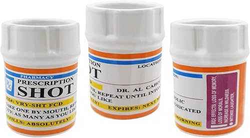 Juego de 3 vasos de chupito graduados – 2 oz. RX botella de prescripción única divertida y novedosa juego de vasos de chupito