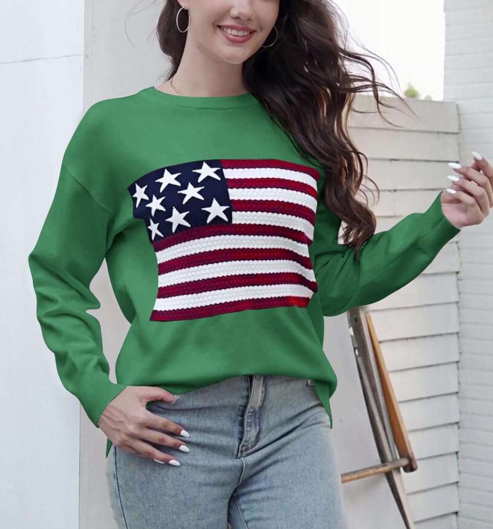 Dressmine Womens American Flag Sweater Knit Long Sleeve Crew Neck Graphic Elegant Soft Loose Pullover - Image 2