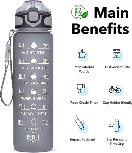 Miniatura 4 de Botellas de agua motivacionales con tiempos para beber y sorber, botella a prueba de fugas sin BPA con marcador de tiempo para garantizar que bebas