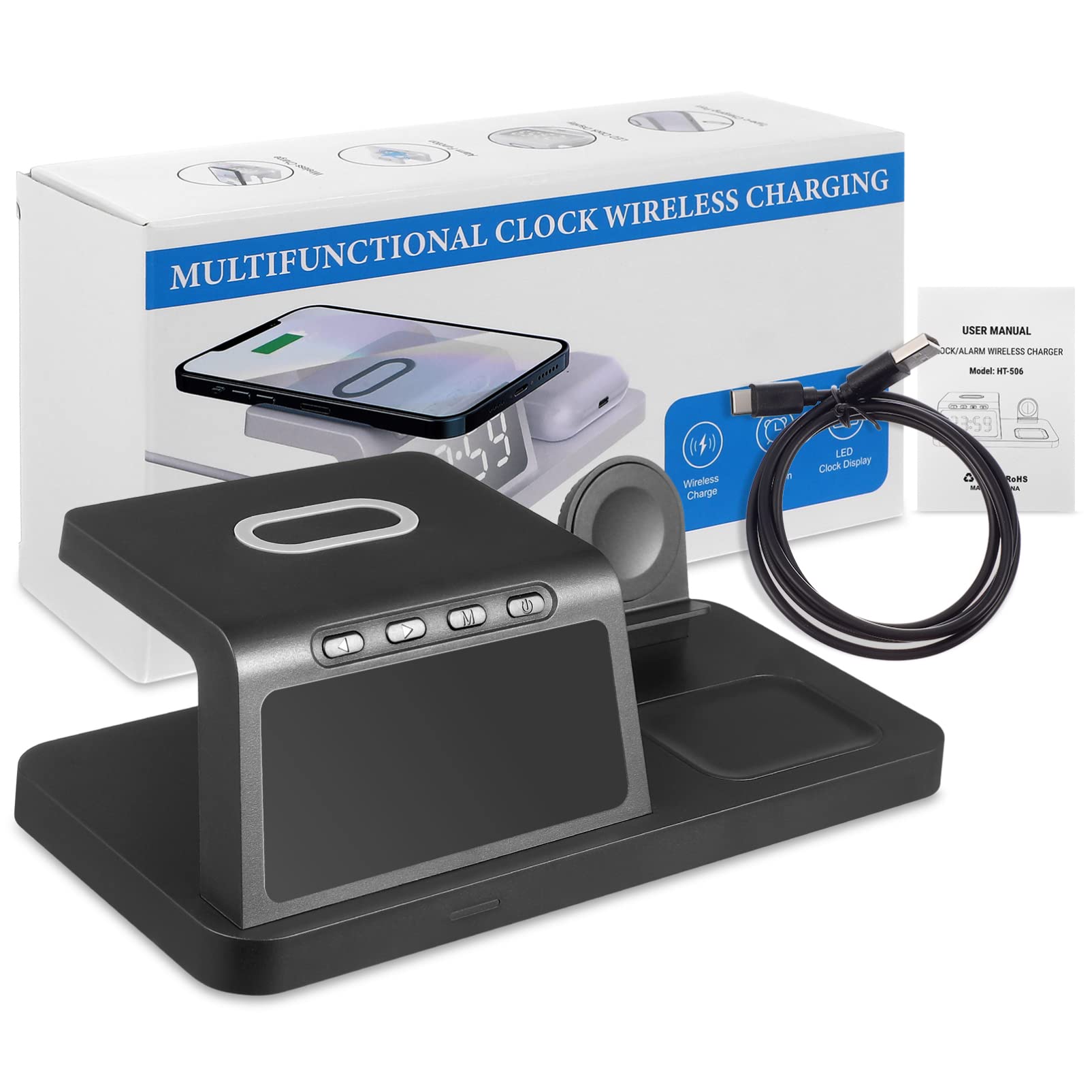 Support De Charge sans Fil pour Montre Intelligente, Téléphone Et Écouteurs avec Horloge Numérique Intégrée Et Affichage