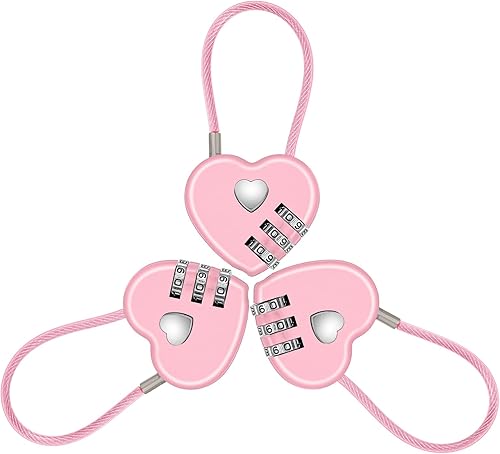 3 cerraduras de combinación de 3 dígitos para casillero, cerradura de corazón rosa con cuerda de alambre de acero, mini cerraduras para equipaje,