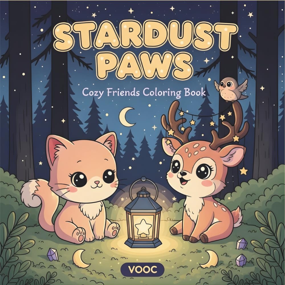 Stardust Paws: Coloring Book Featuring Kawaii Animals with Zodiac, Moon Phases, Constellations, Crystals for Adults Teens Relaxation and Stress Relief