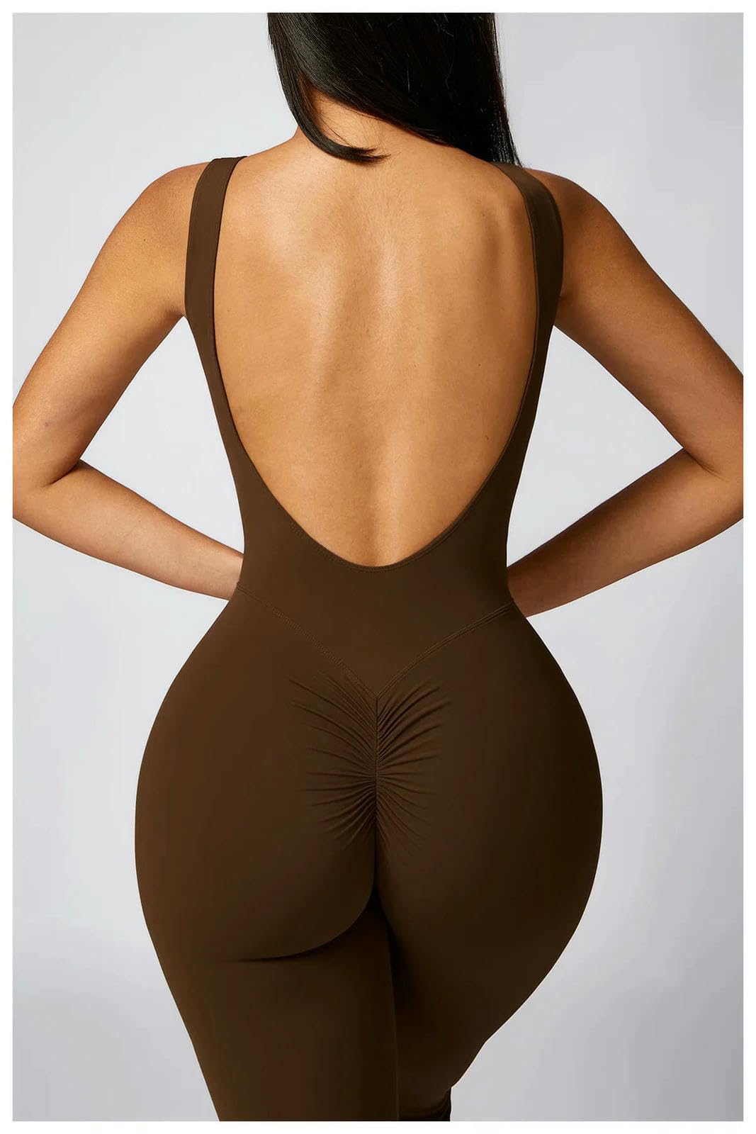 Shapewear Sexy V Back Jumpsuit Gym Set Women Sport Training Yoga Kombinezon Fitness Kombinezon Bodysuits Bodysuits Sportswear Brzozowa Brązowy-L