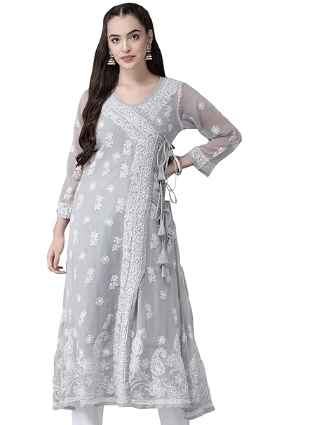 Ada Lucknowi Chikankari Hand Embroidered Georgette Angrakha Kurti Kurta with Slip A100593