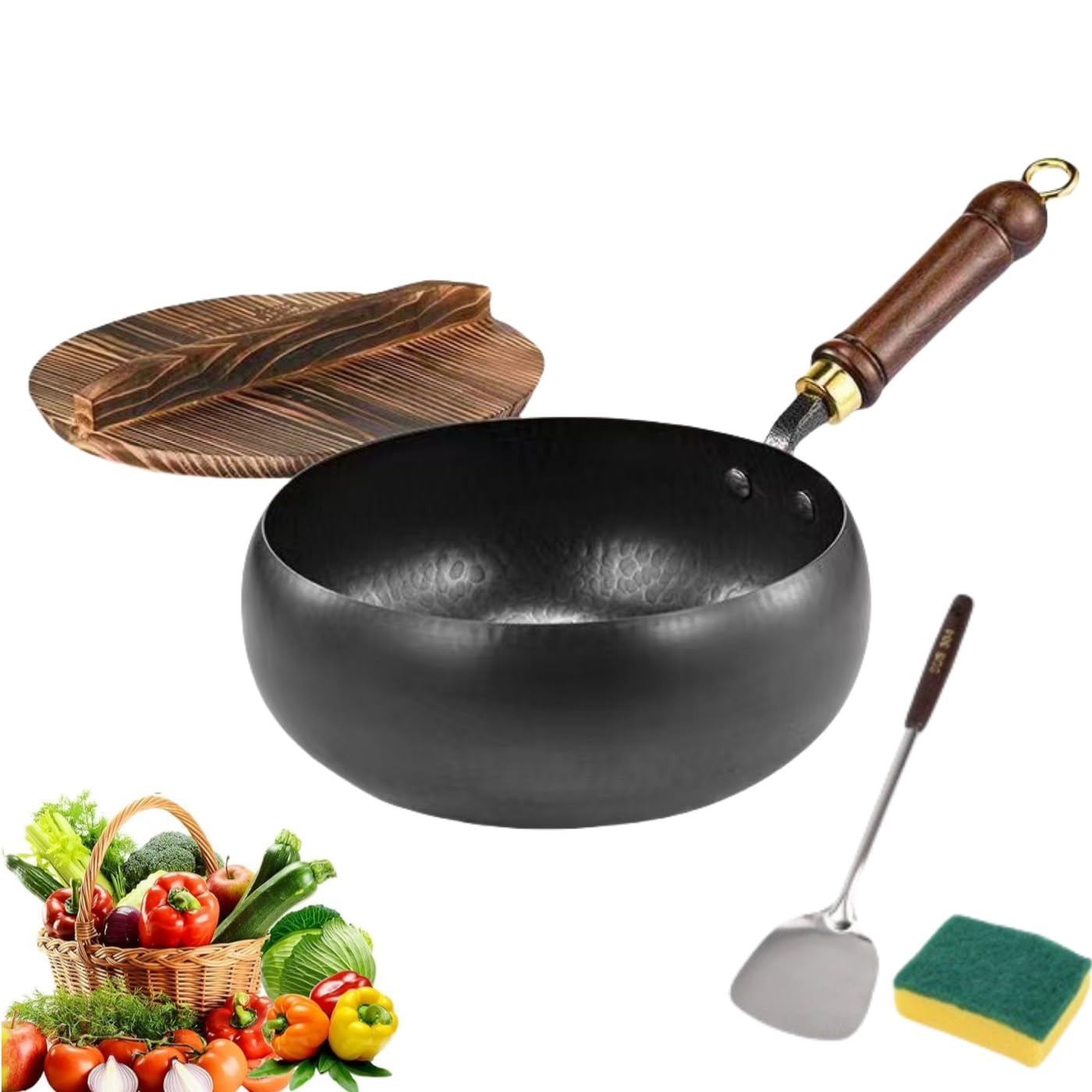 Wok en acier au carbone antiadhésif et résistant aux rayures avec couvercle