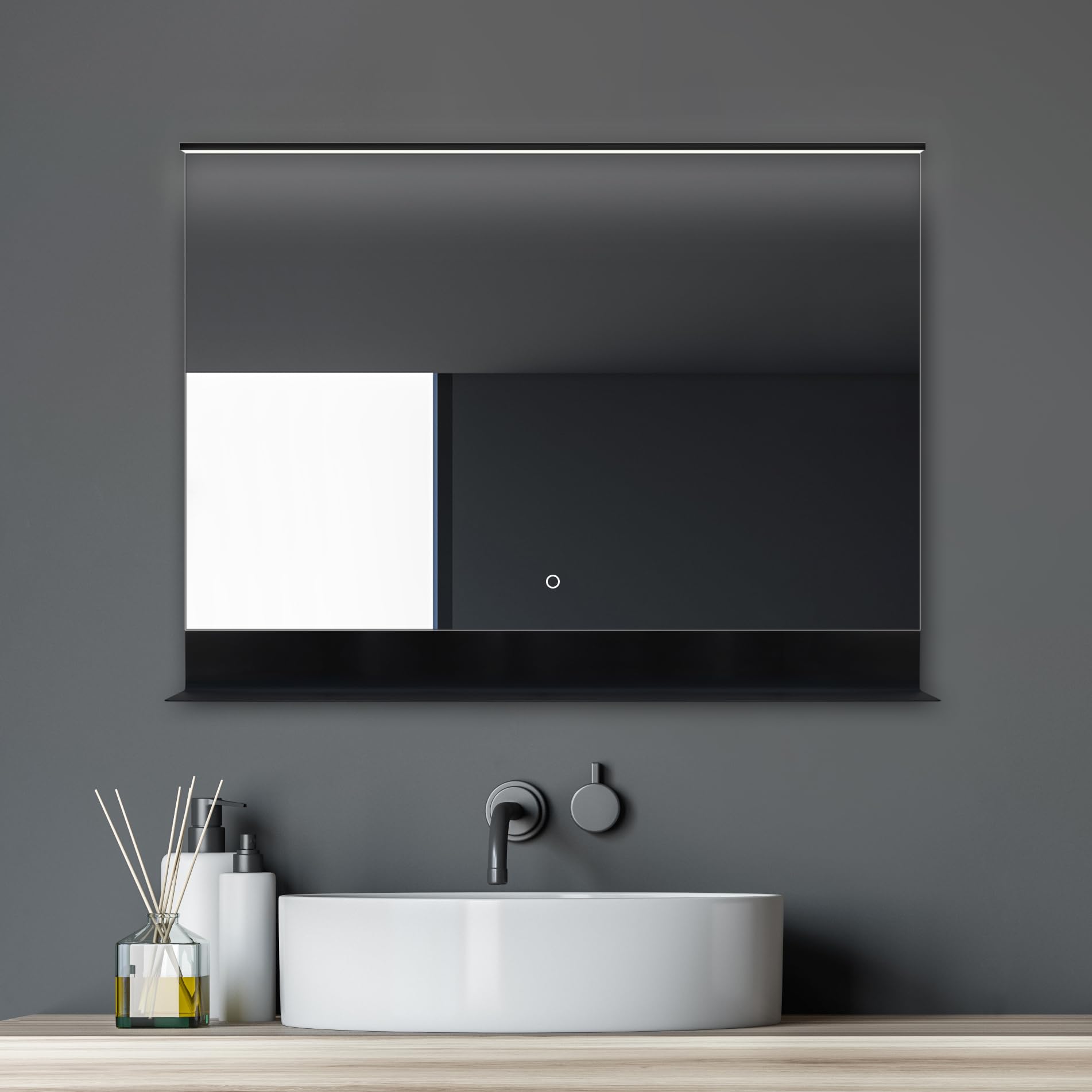 Talos Black Home LED Bathroom Mirror with Shelf, 80 x 60 cm