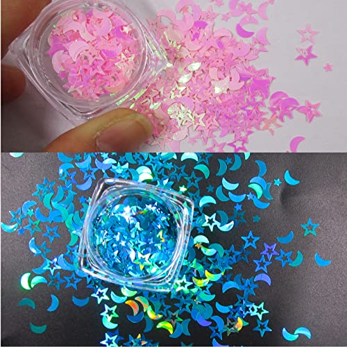 Loveourhome 24 Jars Iridescent Chunky Festival Body Glitter Moon Star Hexagon Shape Mermaid Glitters Flakes Sequins Powder Resin Art Crafts Nail Art Decor Lash Decals (Star Moon) #TOP5