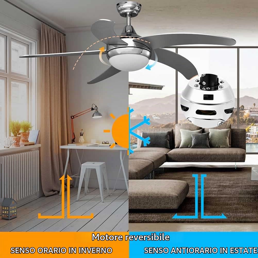 BAKAJI Ventilatore Lampadario da Soffitto 5 Pale in Legno con Lampada in Vetro Satinato 3 Velocità Inversione Rotazione Funzione Timer e Telecomando Attacco 2 Lampadine E27 Max 40W Diametro 132cm
