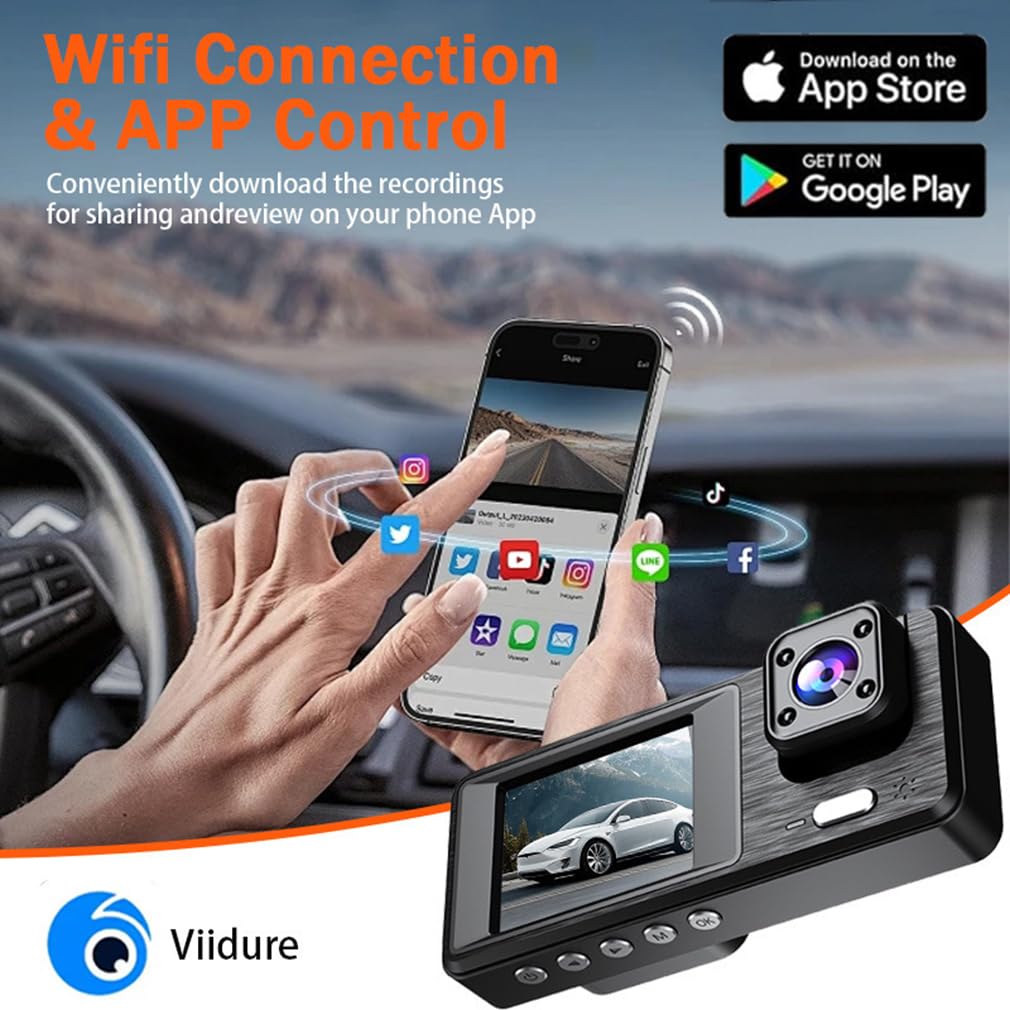 Kamera samochodowa z 3 obiektywami do samochodów wbudowana aplikacja Wi-Fi, przednia HD 1080P i tylna kamera 720P, oświetlenie kabiny IR noktowizor z 3-calowym ekranem IPS samochodowy rejestrator
