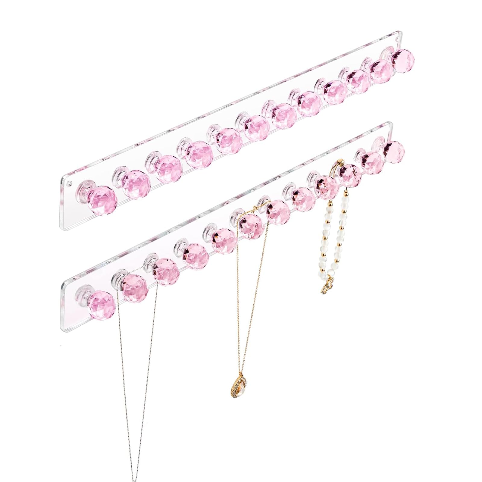 Yitaocity Pink 2 Pack Necklace Holder Organizer With 12 Hooks, Acrylic Necklace Hanger Wall Mount, Jewelry Hooks For Necklaces, Bracelets, Chains, Earrings, Rings, Keys (Pink)