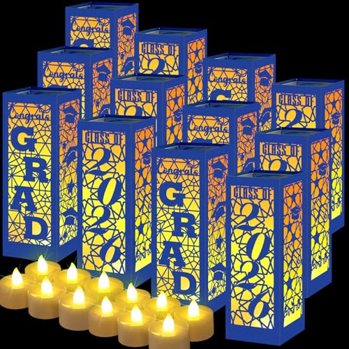 Image of Rossesay 12 Pcs Graduation Table Centerpieces Boxes Class of 2026 Graduation Lanterns for Centerpieces with LED Candles Congrats Grad School College Photo Props for Party Table Decoration (Blue)