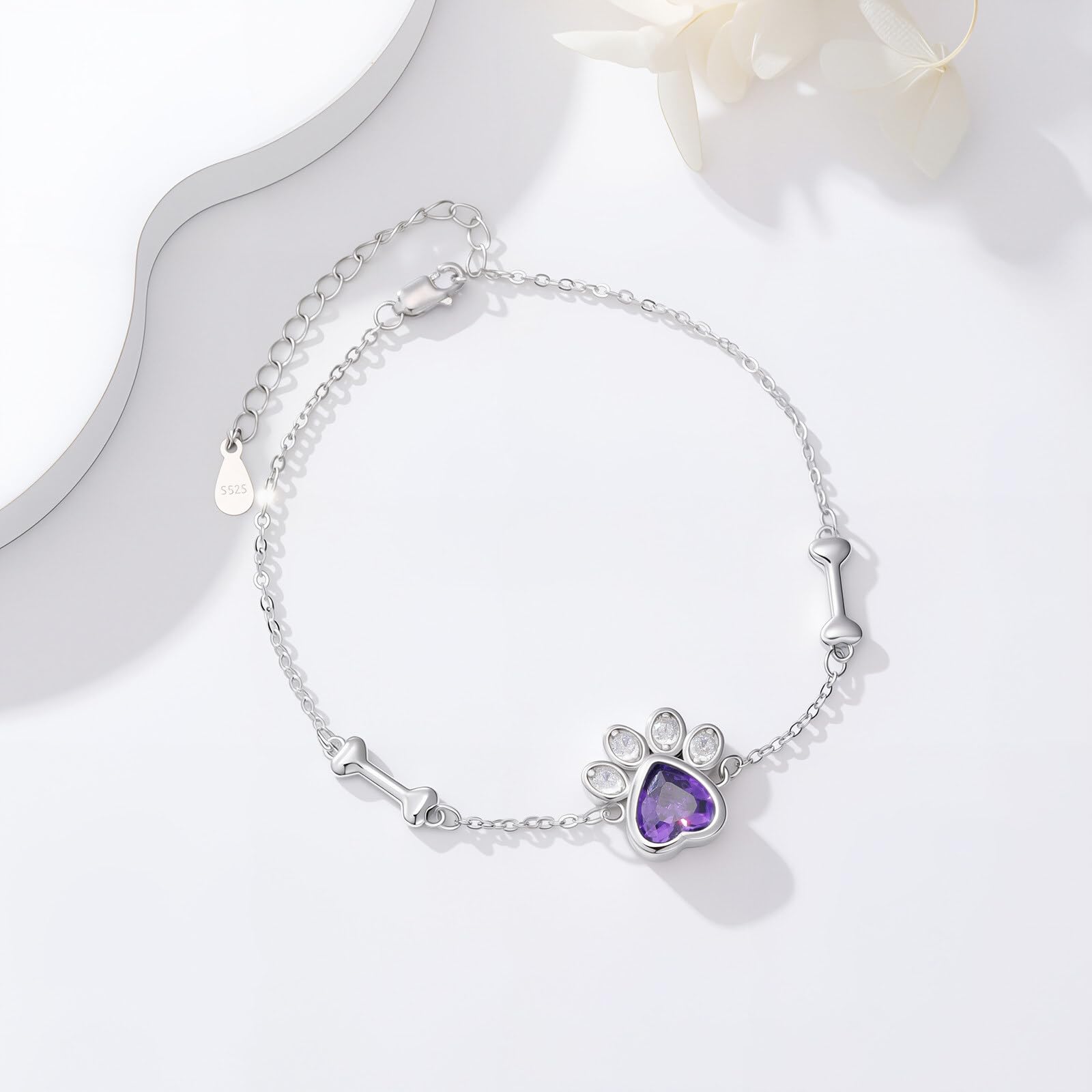 LONAGO Braccialetto per animali domestici, in argento Sterling 925, con zampa di cane, viola, con osso, Argento sterling, Zirconia cubica