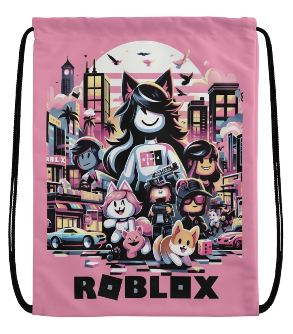 EZB Ro-blox Drawstring Bag | 36x30cm Midi Sized Backpack | Multi-Use: Sports Kits, PE Kits, Gym, Lunch, Holiday, Beach | Fun Unique Design Pump Ro-blox Pink Bag