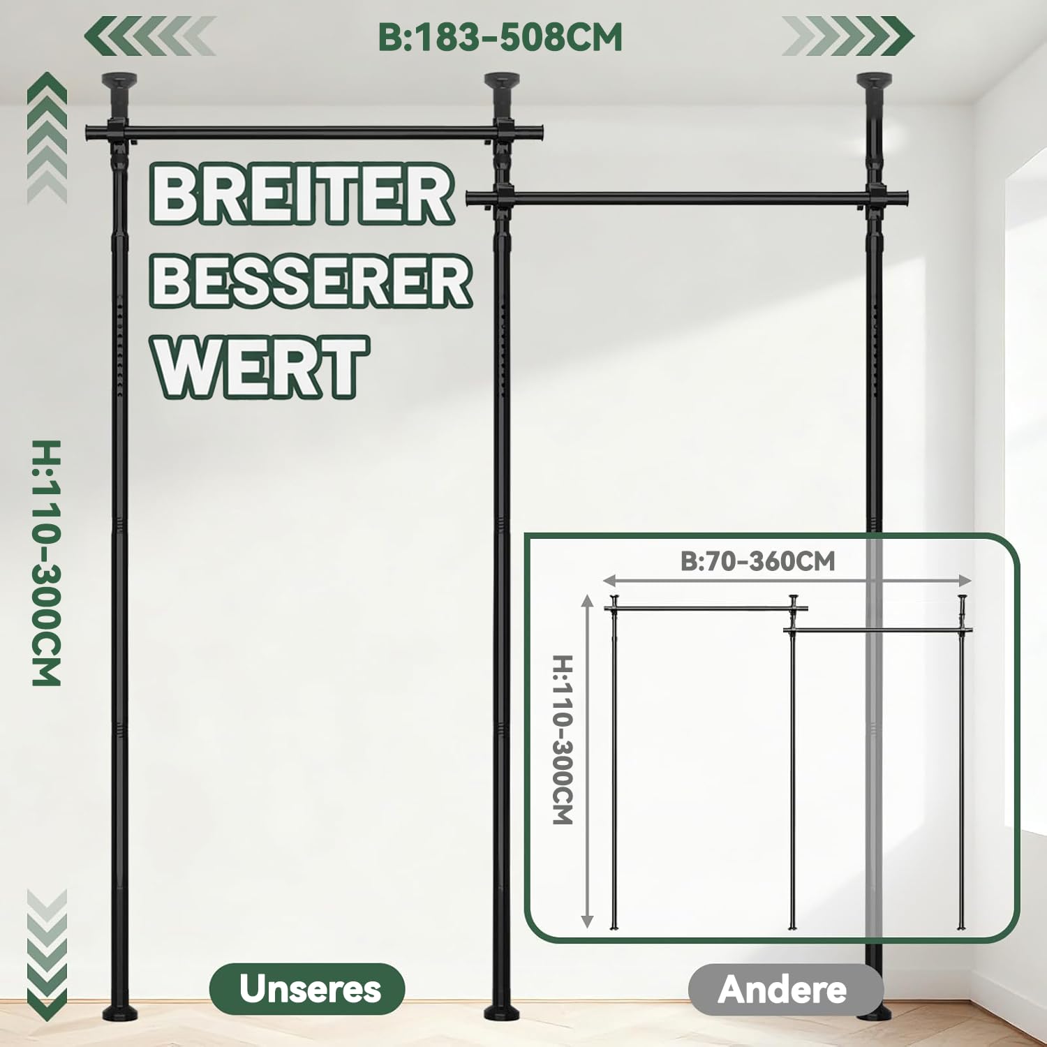 JILRON Barra de cortina sin agujeros, separador de espacios, barra de cortina de techo ajustable (H110-300 × B183-508 cm) para salón, apartamento de alquiler, negro