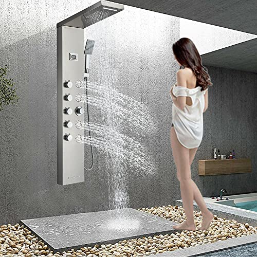 Sistema de columna de ducha de acero inoxidable con lluvia, cascada y chorros de masaje - Acabado cepillado níquel miniatura 1