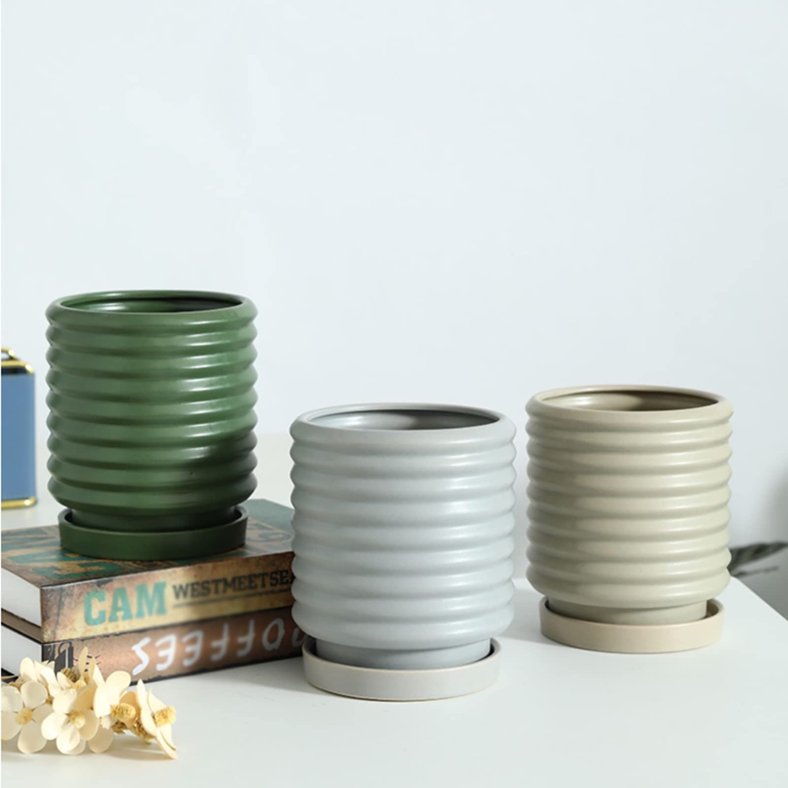 Vasi da Giardino Vaso da Fiori in Ceramica, Vaso per fioriera con Filettatura a Vite, Decorazione per Interni ed Esterni con Fori di drenaggio e piattini per Balcone, Giardino e Patio