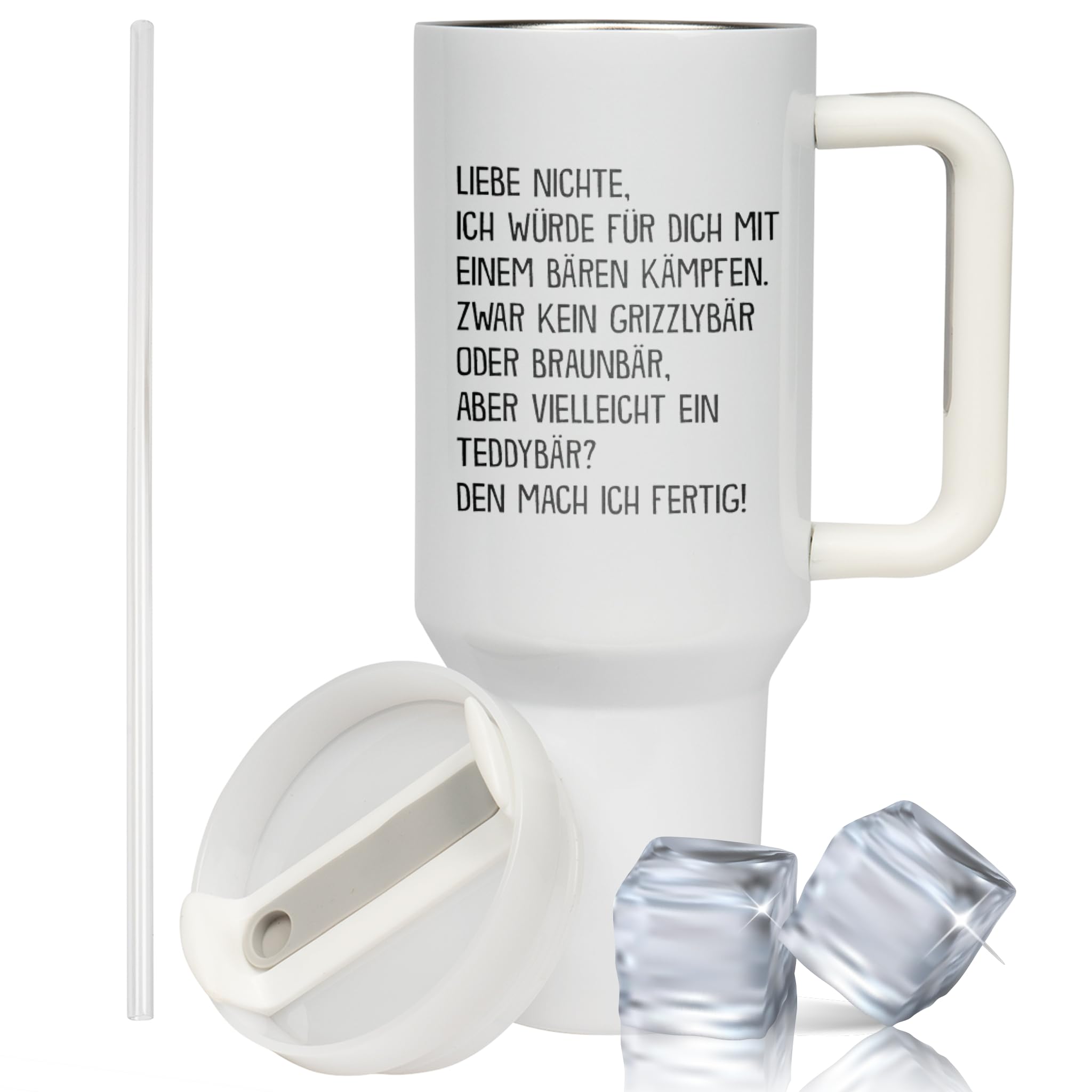 XXL Thermobecher für Nichte – Geschenk zum Geburtstag & Weihnachten – Edelstahl Trinkflasche, Weiß mit lustigem Bären Spruch (WIEDERVERWENDBAR)