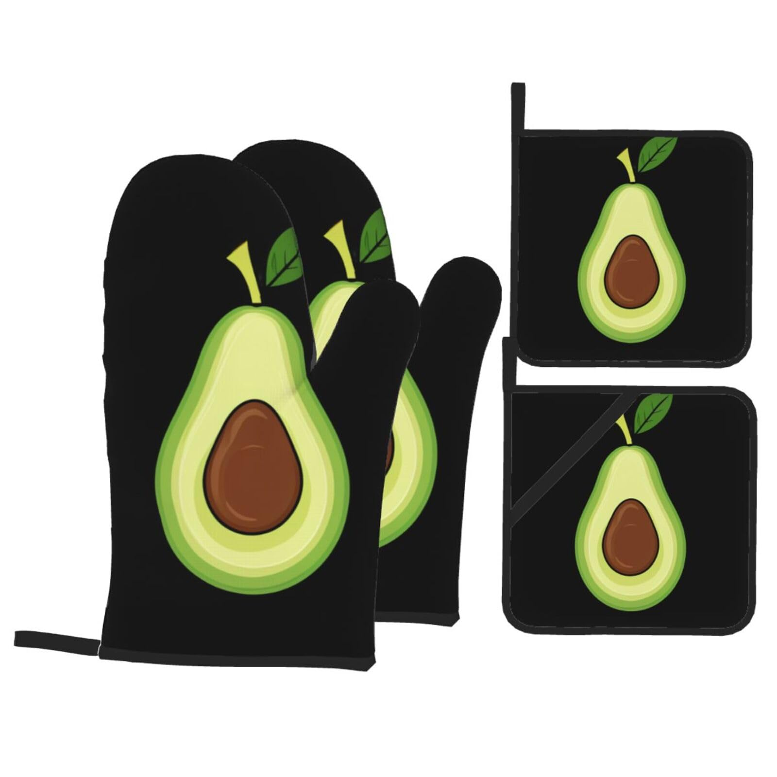 YYHWHJDE Small Doodle Avocado Printed Kitchen Baking Set of 4 Thick Insulated Oven Mitt & Pot Holders, Anti-Scalding for Microwave, Oven, Outdoor BBQ