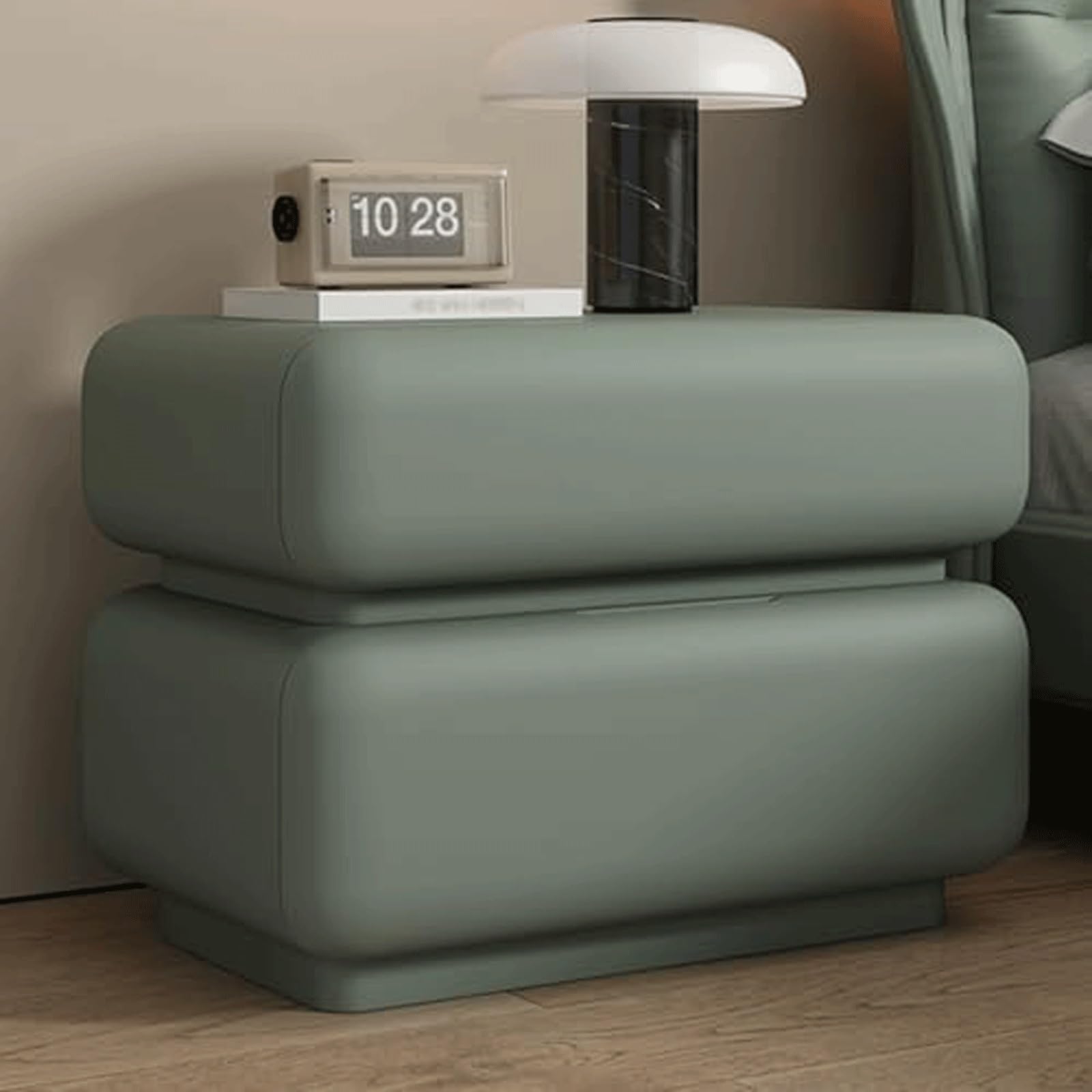 SXZenSpace Luxury Nightstands Modern Wooden Bedside Table Pu Leather Finish Cabinet with Drawers No Installation Required Side Table(Green,40cm)