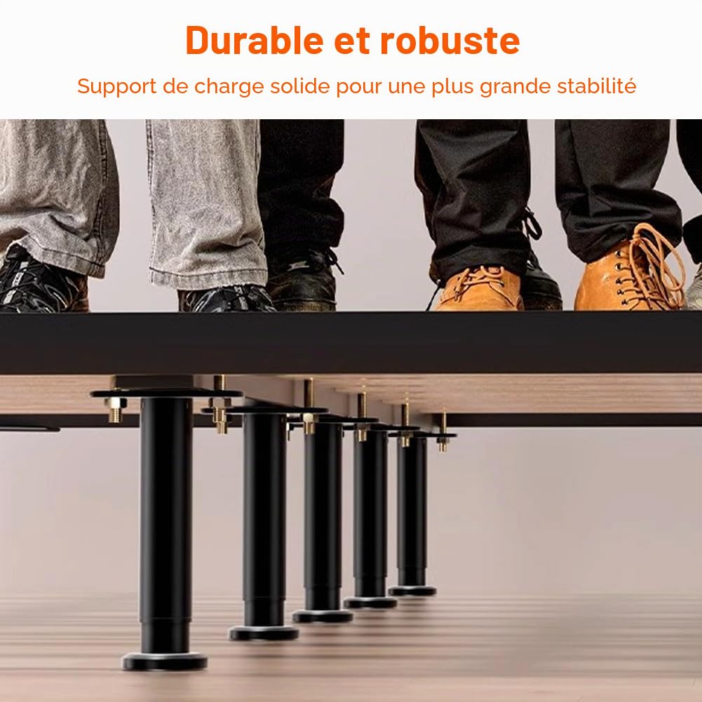 Lot de 4 Pieds de lit réglables en Hauteur de 15 à 25 cm - Pieds de Support Moyens Robustes pour Cadre de lit - Kit de renforcement pour sommier à Lattes