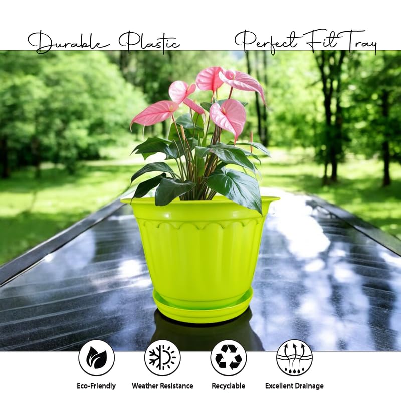 Image of GARDENS NEED 8 Inches Jasmine Round Flower Pot with Tray | Set of 4 | Lemon Green | Plastic Planter Pots for Indoor & Outdoor Home, Office & Balcony Decoration