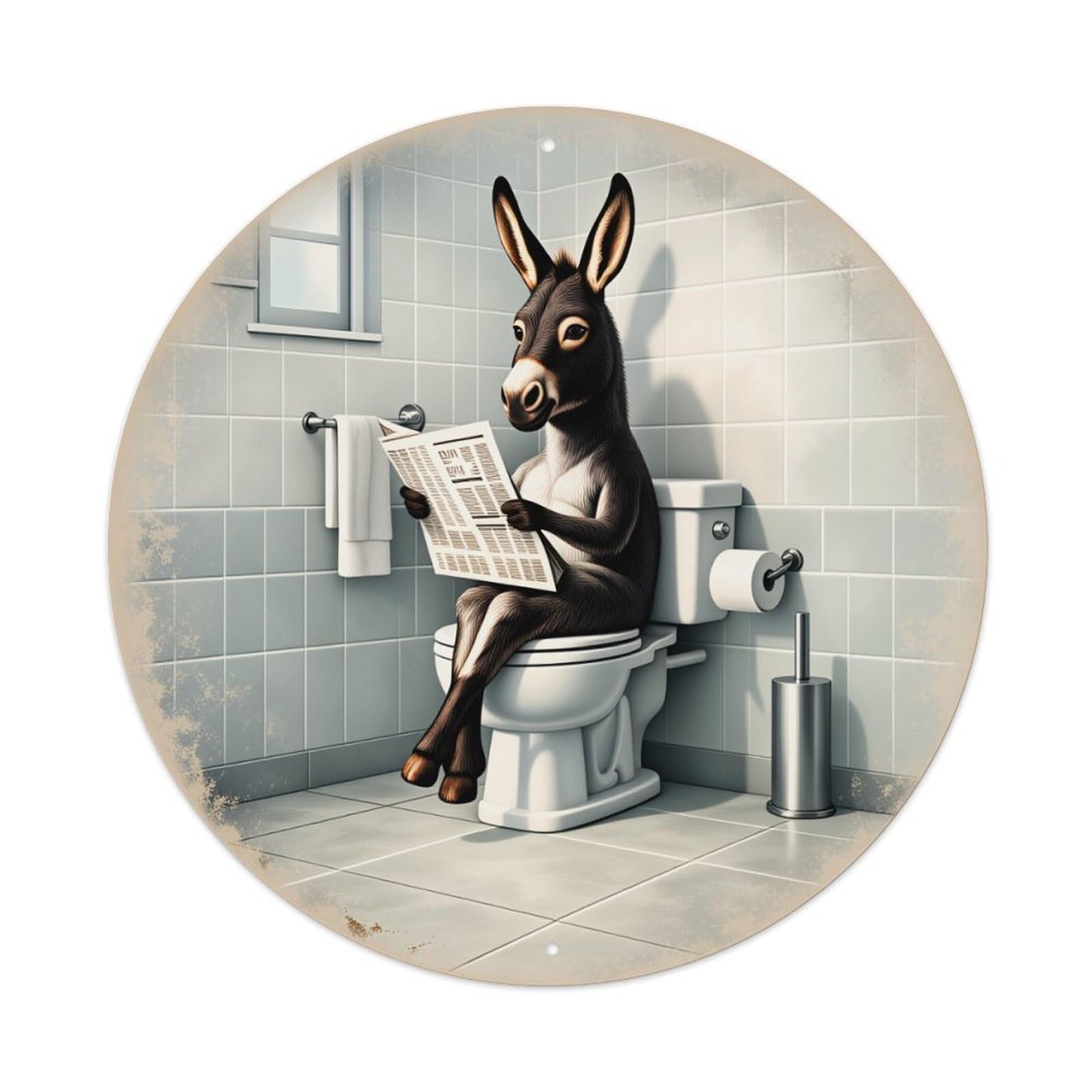 Wmlzdnwr Vintage Donkey Reading Newspaper On Toilet In Bathroom Round Tin Sign,Retro Wall Art,Metal Poster For Home, Bar, Garage, Cafe, Rustic Indoor & Outdoor Decor, 8X8 Inches