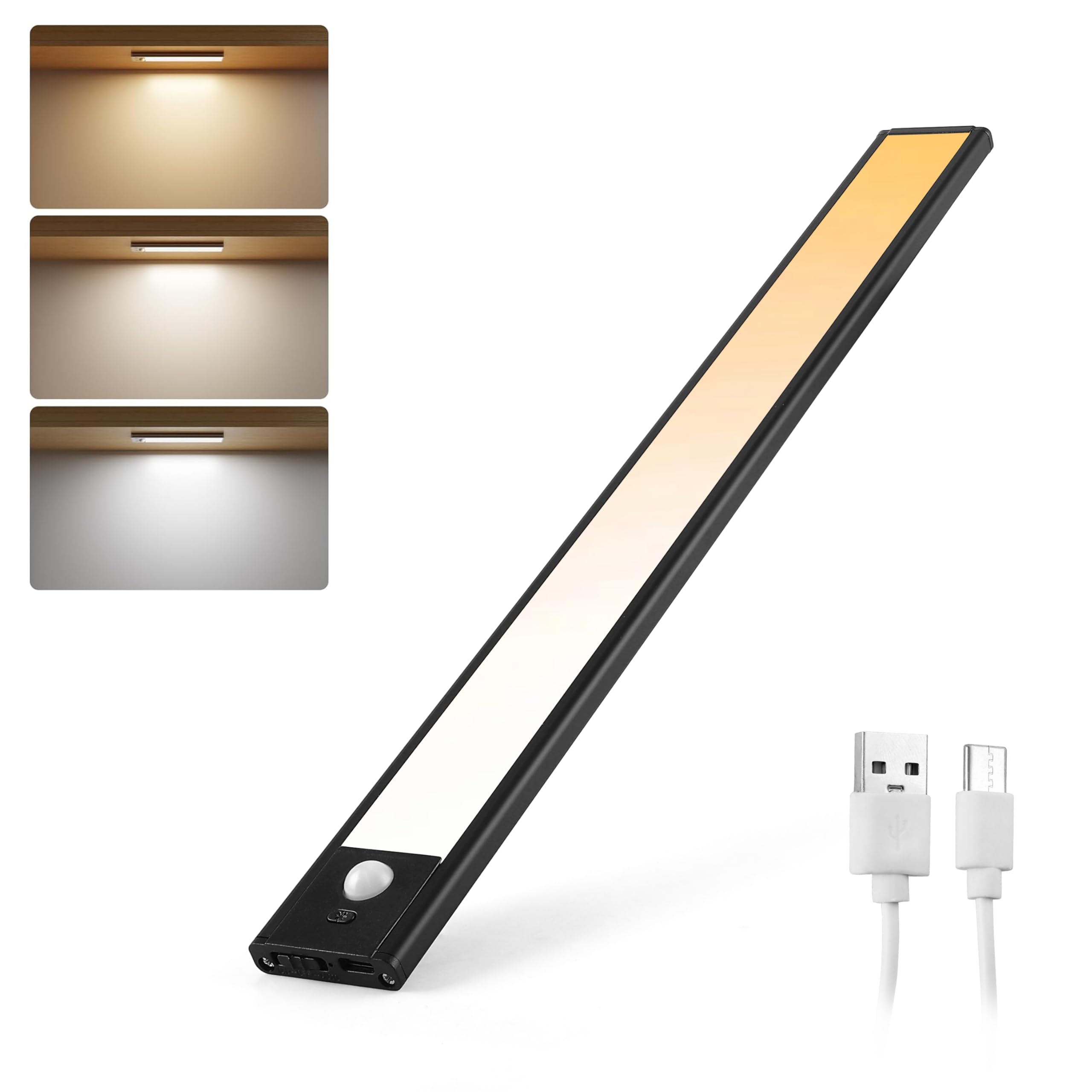 Gesto Aluminium Rechargeable Motion Sensor Led Light for Wardrobe - 3 Color Modes Magnetic Closet Light with Stepless Dimming for Under Counter| Under Cabinet, Kitchen, Cupboard (Black, 30 Cm)