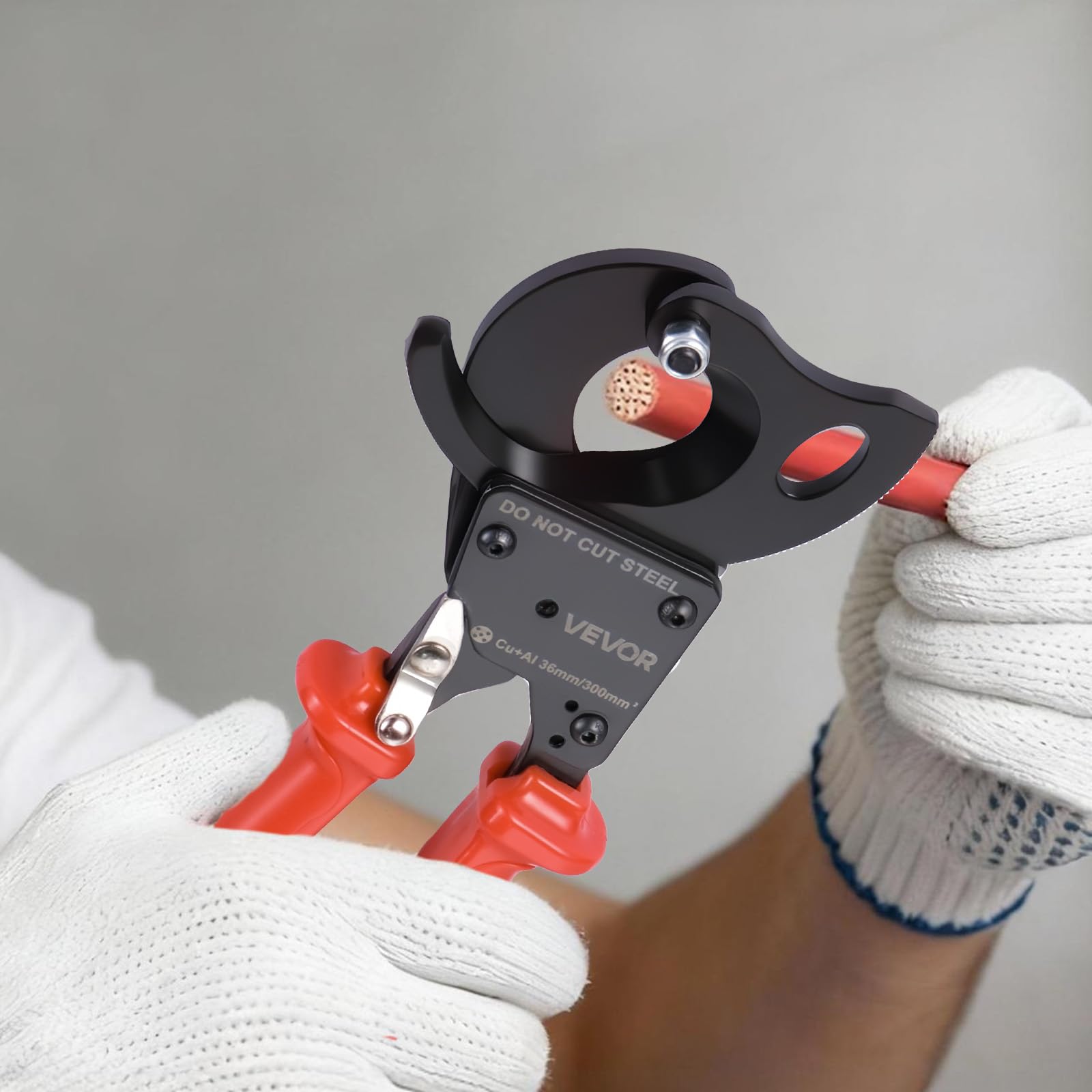 VEVOR Coupe Câble à Cliquet, Pince Coupe Câbles avec Lames en Acier à Ressort et Poignées Revêtues de PVC, pour Fils Cuivre-Aluminium jusqu'à 300 mm² 600 MCM, avec Bouton à Dégagement Rapide