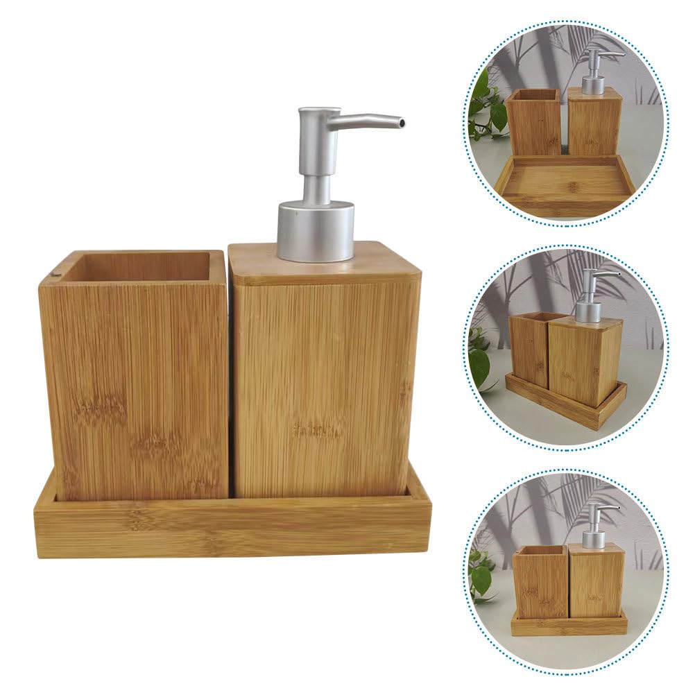 IMIKEYA Accessori da bagno in bambù Set multifunzionale con dispenser di sapone e portaspazzolino bicchiere per risciacquo e base materiale resistente e design elegante per la casa