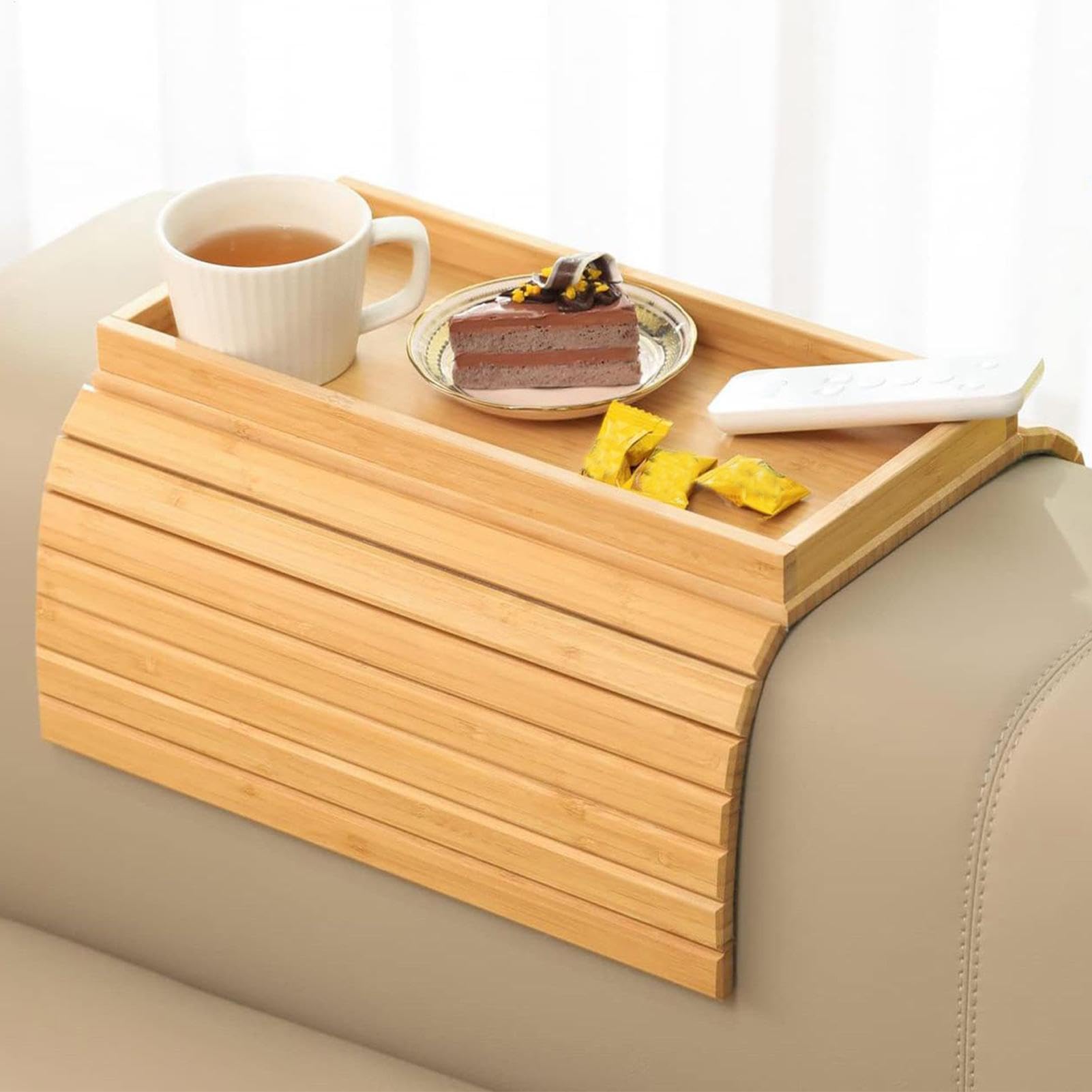 2 bandejas para reposabrazos de sofá de bambú Natural | Bandeja para reposabrazos de sofá | Mesa de Bandeja para sofá | Rollo de sofá | Portavasos para Bebidas, Aperitivos, teléfono y Control