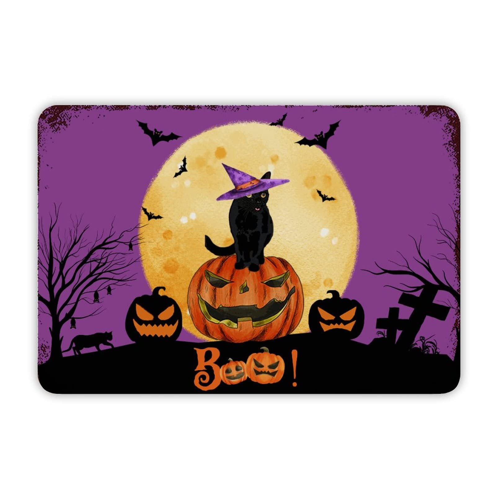 ENEDNATE Farmhouse Rustic Aluminum Sign Boo Halloween Cat Witch Hat Pumpkin Metal Sign Retro Aluminum Tin Sign for Kitchen Bedroom Living Room Wall Art Door Hanger Home Decor Sign 8x12 Inch
