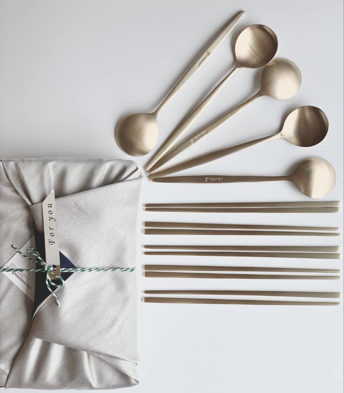 cozymomdeco Korean Made Traditional Utensil Flatware Luminous Gold Brassware Spoon & Chopsticks 5 Set with Furoshiki Wrapping