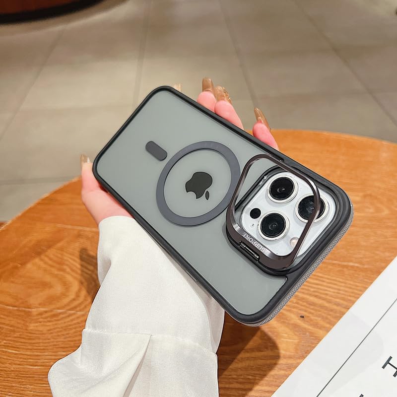 Image of LuxuryKase Smoked Clear MagSafe Case for iPhone 15 Pro Max | Metal Camera Guard Kickstand | Rugged Grip Edge | Hard PC Back + Soft TPU | Wireless Charging Support - Grey