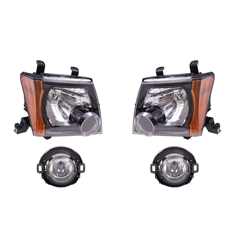 Brock Replacement Driver and Passenger Side Halogen Combination Headlights with Black Bezels and Fog Lights 4 Piece Set Comaptible with 2009-2015 Xterra S/X Models