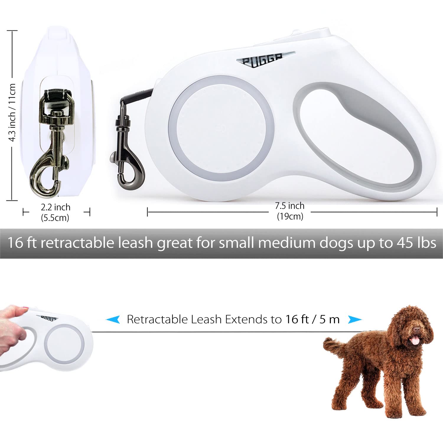 Laisse rétractable pour chiens de petite et moyenne taille pesant jusqu'à 27,2 kg – 4,9 m – Laisse rétractable avec lumière LED – Rechargeable, anti-nœuds et poignée antidérapante (blanc, 4,9 m)