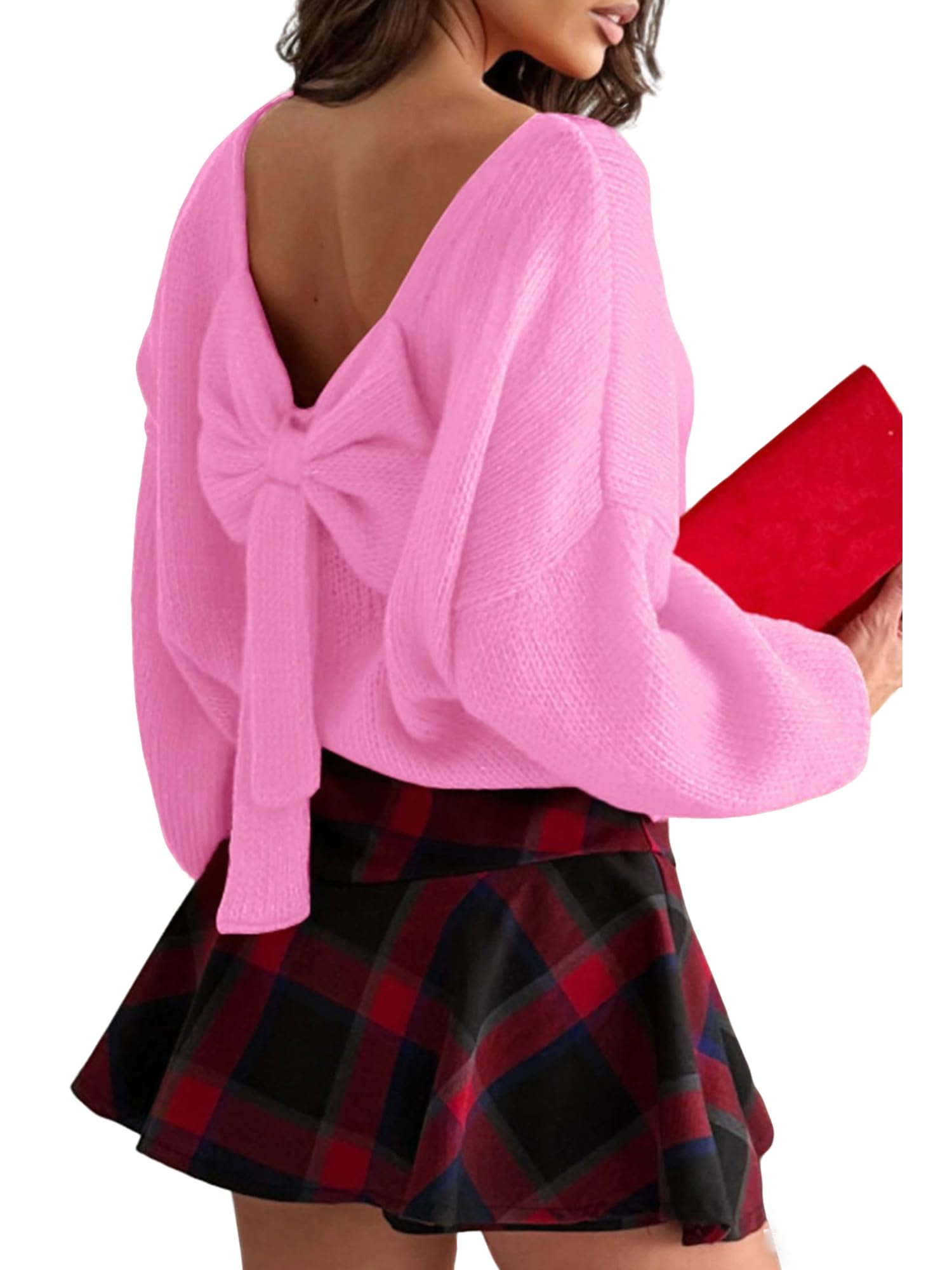 ZAFUL Women Open Back Bow Knot Sweater Loose Fit Boat Neck Long Sleeve Fall Ribbed Knit Backless Pullover