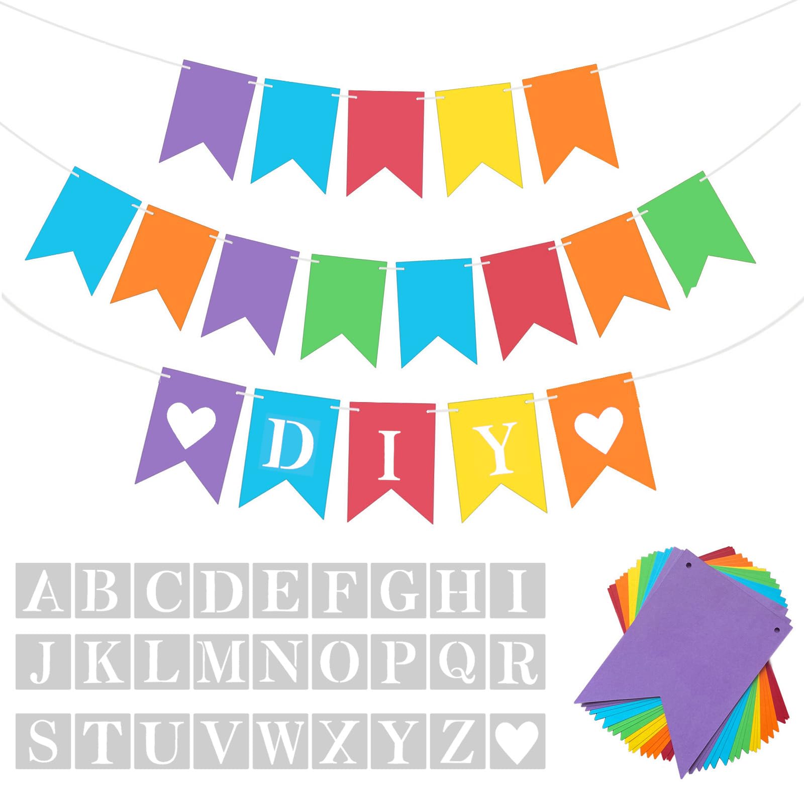 DIY Rainbow Banner Set Include 26 Letters Stencil, Make Your Own Banner for Birthday Wedding Independence Party, Handwriting Banners Party Supplies Unique Decor
